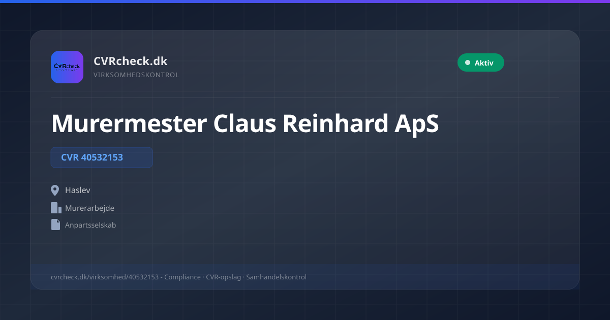 Visitkort: Murermester Claus Reinhard ApS, CVR 40532153, Murerarbejde, Haslev, NORMAL
