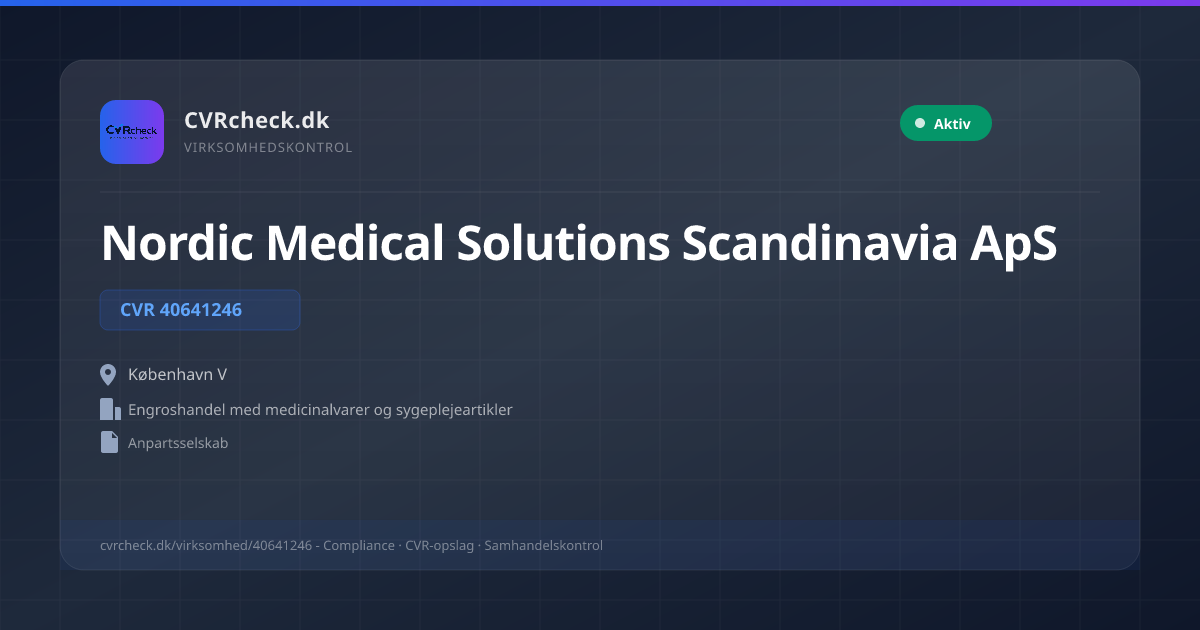 Visitkort: Nordic Medical Solutions Scandinavia ApS, CVR 40641246, Engroshandel med medicinalvarer og sygeplejeartikler, København V, NORMAL