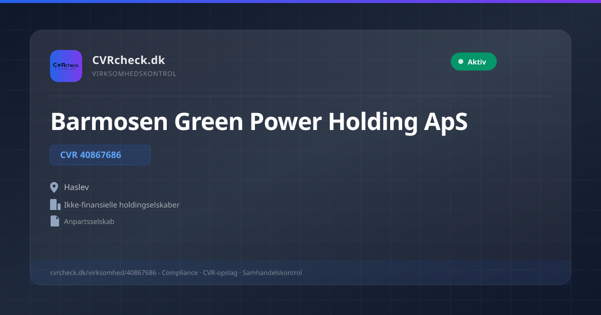 Visitkort: Barmosen Green Power Holding ApS, CVR 40867686, Ikke-finansielle holdingselskaber, Haslev, NORMAL