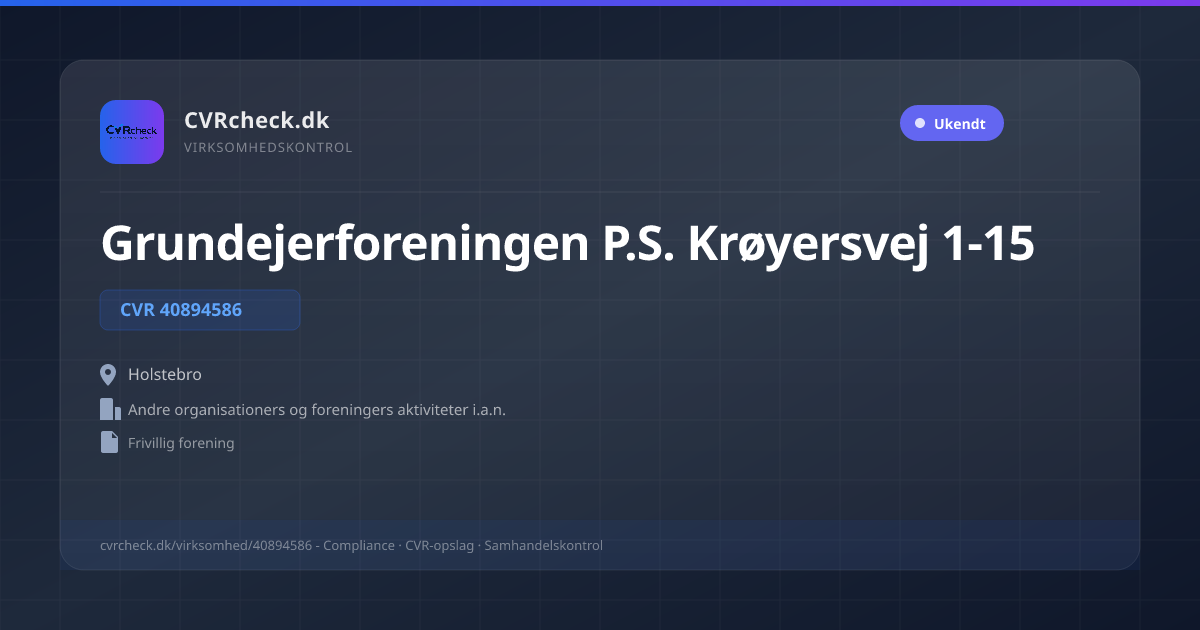 Visitkort: Grundejerforeningen P.S. Krøyersvej 1-15, CVR 40894586, Andre organisationers og foreningers aktiviteter i.a.n., Holstebro