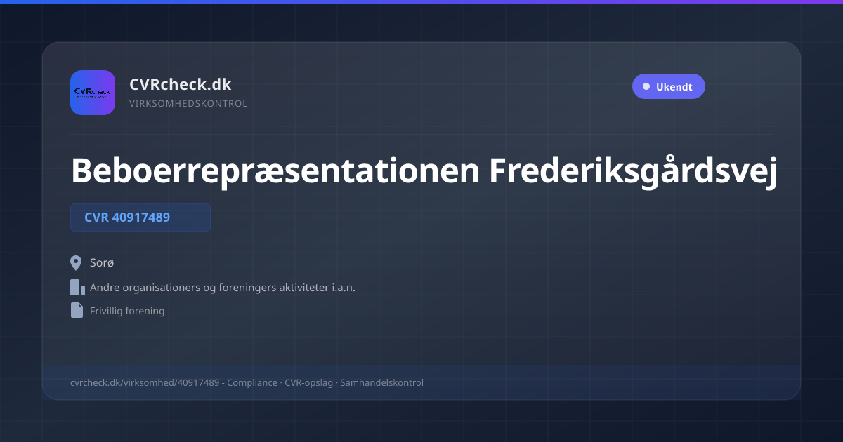 Visitkort: Beboerrepræsentationen Frederiksgårdsvej, CVR 40917489, Andre organisationers og foreningers aktiviteter i.a.n., Sorø