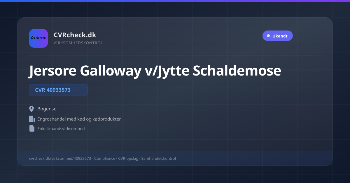 Visitkort: Jersore Galloway v/Jytte Schaldemose, CVR 40933573, Engroshandel med kød og kødprodukter, Bogense