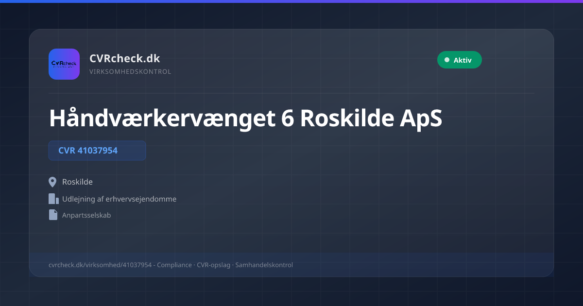 Visitkort: Håndværkervænget 6 Roskilde ApS, CVR 41037954, Udlejning af erhvervsejendomme, Roskilde, NORMAL