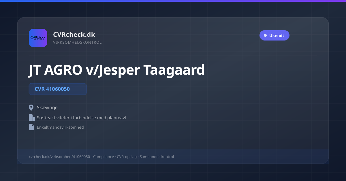 Visitkort: JT AGRO v/Jesper Taagaard, CVR 41060050, Støtteaktiviteter i forbindelse med planteavl, Skævinge