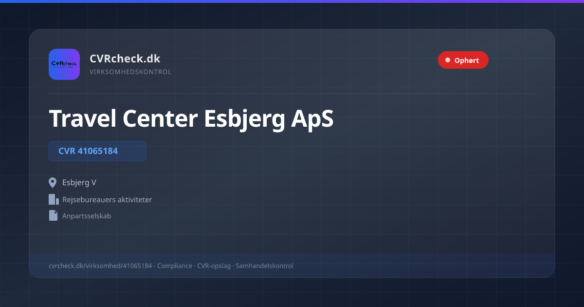Visitkort: Travel Center Esbjerg ApS, CVR 41065184, Rejsebureauers aktiviteter, Esbjerg V, OPLØST EFTER ERKLÆRING