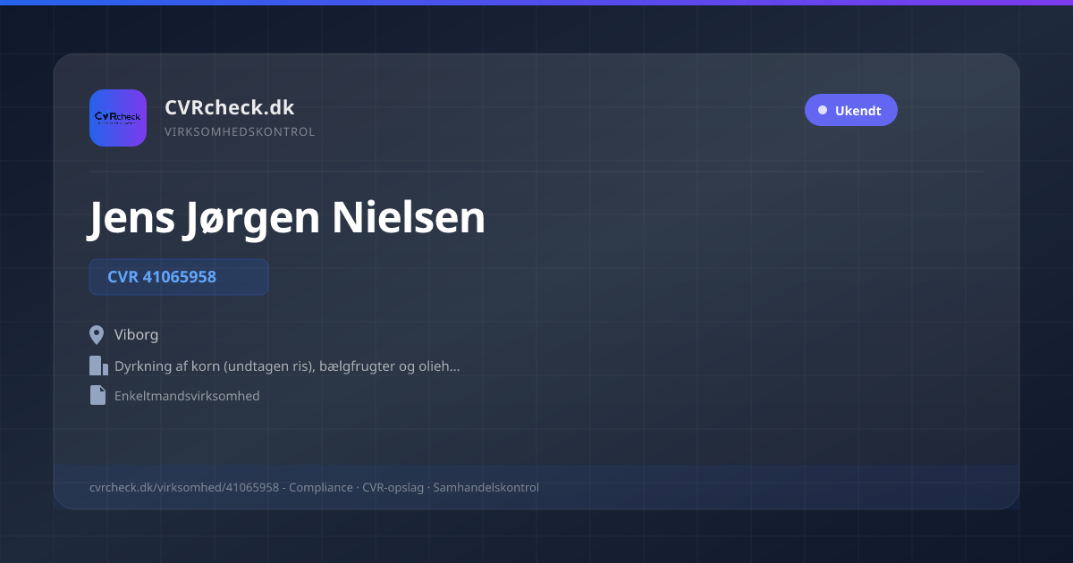 Visitkort: Jens Jørgen Nielsen, CVR 41065958, Dyrkning af korn (undtagen ris), bælgfrugter og olieholdige frø, Viborg
