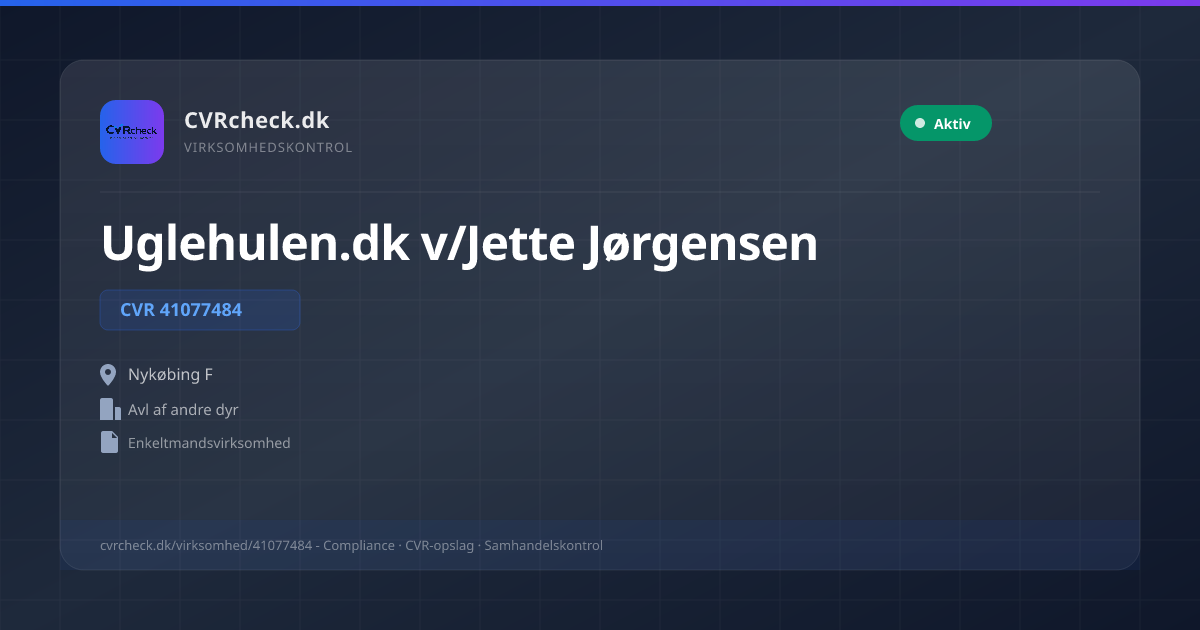 Visitkort: Uglehulen.dk v/Jette Jørgensen, CVR 41077484, Avl af andre dyr, Nykøbing F, Aktiv