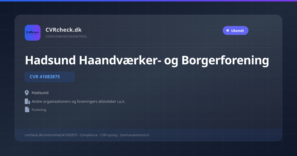 Visitkort: Hadsund Haandværker- og Borgerforening, CVR 41083875, Andre organisationers og foreningers aktiviteter i.a.n., Hadsund