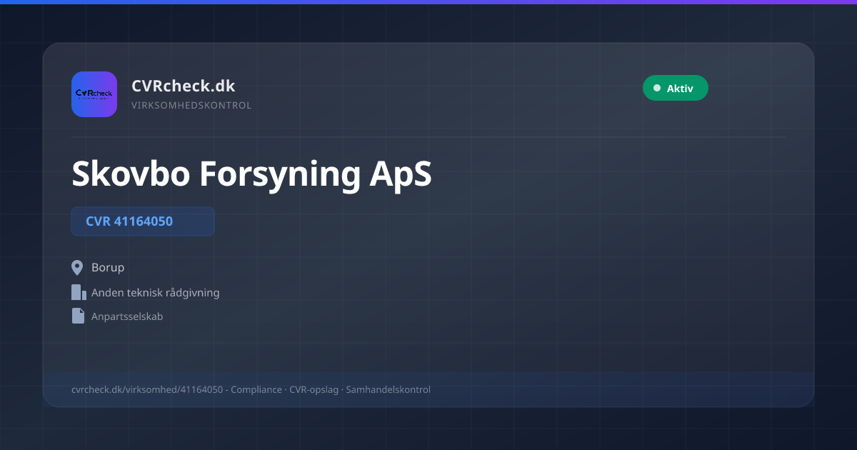 Visitkort: Skovbo Forsyning ApS, CVR 41164050, Anden teknisk rådgivning, Borup, NORMAL