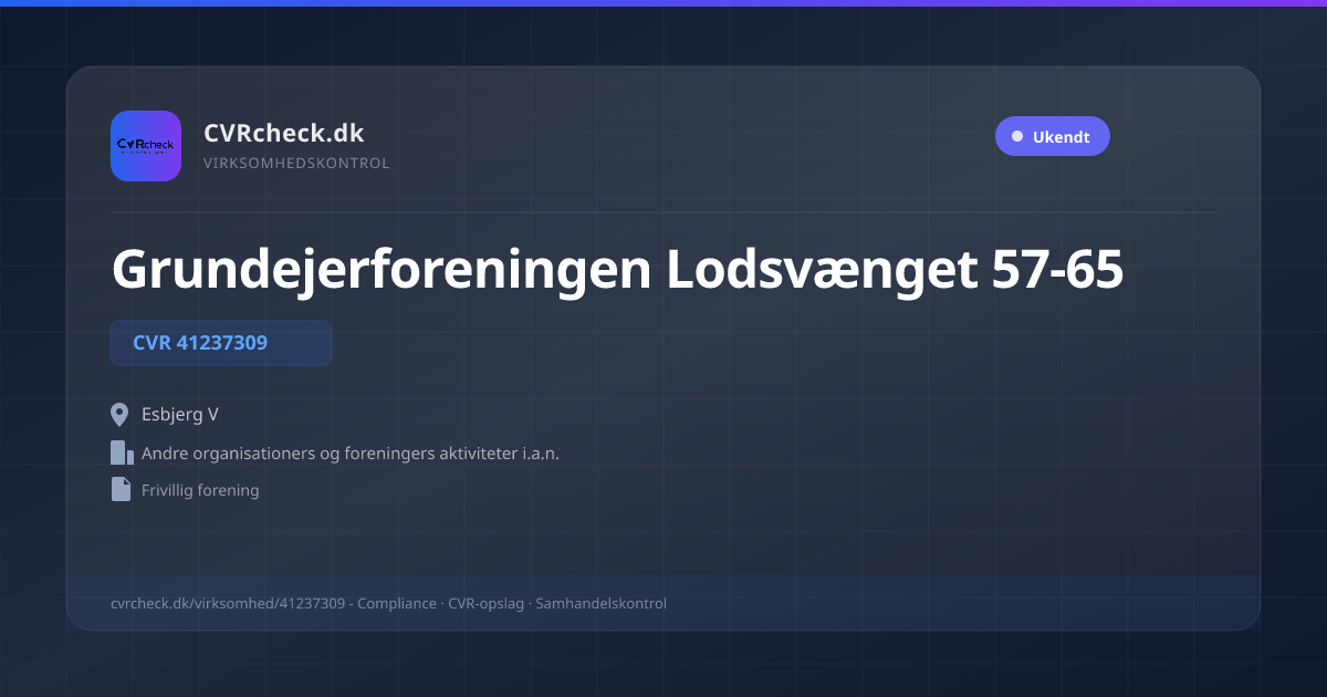 Visitkort: Grundejerforeningen Lodsvænget 57-65, CVR 41237309, Andre organisationers og foreningers aktiviteter i.a.n., Esbjerg V