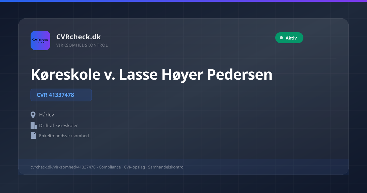 Visitkort: Køreskole v. Lasse Høyer Pedersen, CVR 41337478, Drift af køreskoler, Hårlev, Aktiv