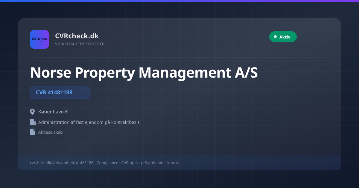 Visitkort: Norse Property Management A/S, CVR 41481188, Administration af fast ejendom på kontraktbasis, København K, NORMAL
