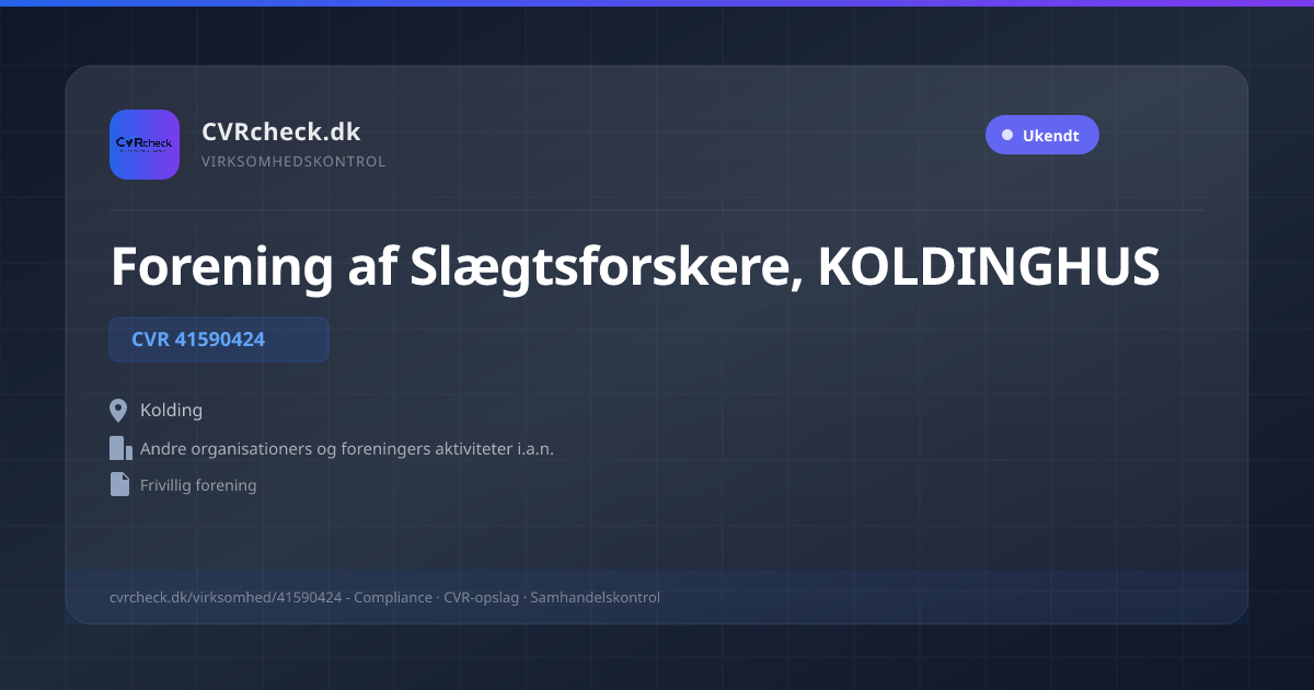 Visitkort: Forening af Slægtsforskere, KOLDINGHUS, CVR 41590424, Andre organisationers og foreningers aktiviteter i.a.n., Kolding