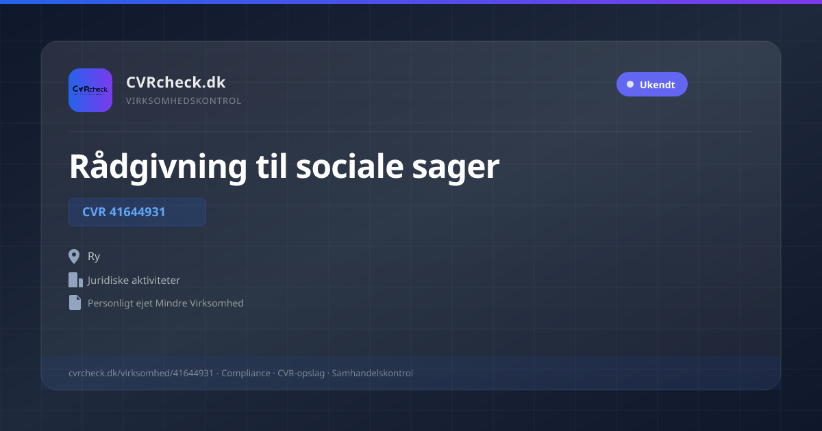 Visitkort: Rådgivning til sociale sager, CVR 41644931, Juridiske aktiviteter, Ry