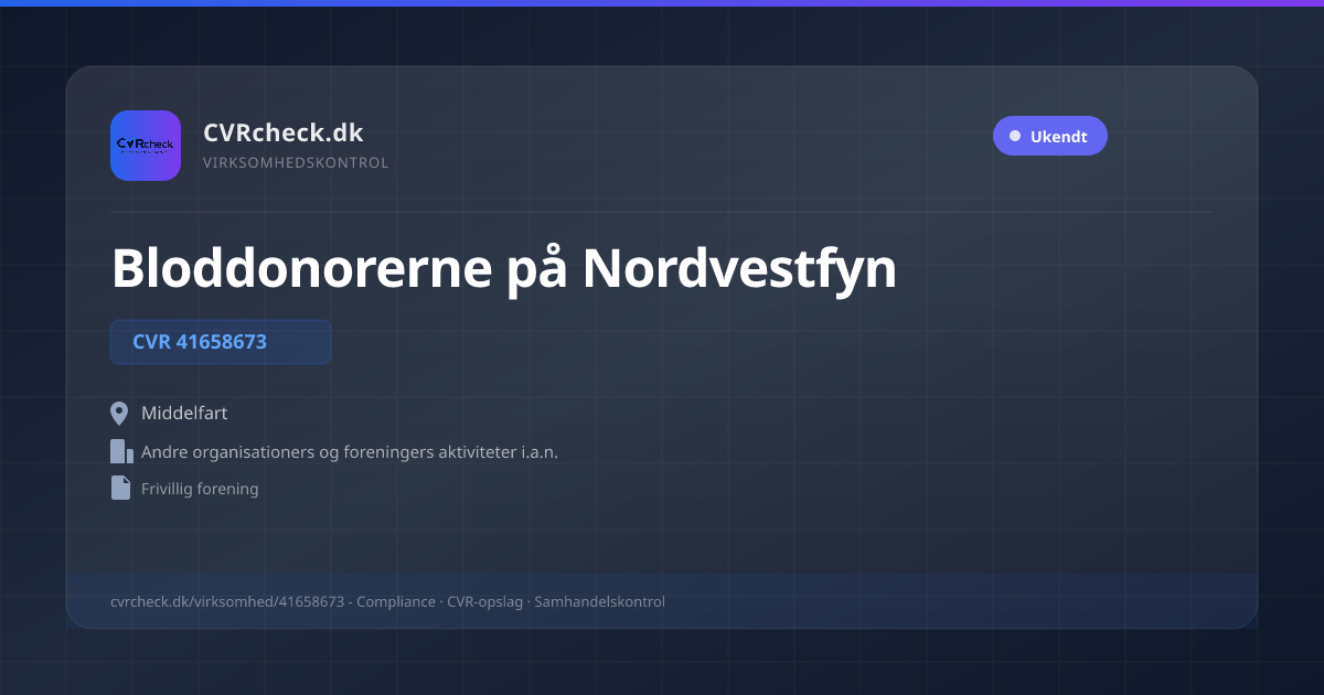 Visitkort: Bloddonorerne på Nordvestfyn, CVR 41658673, Andre organisationers og foreningers aktiviteter i.a.n., Middelfart