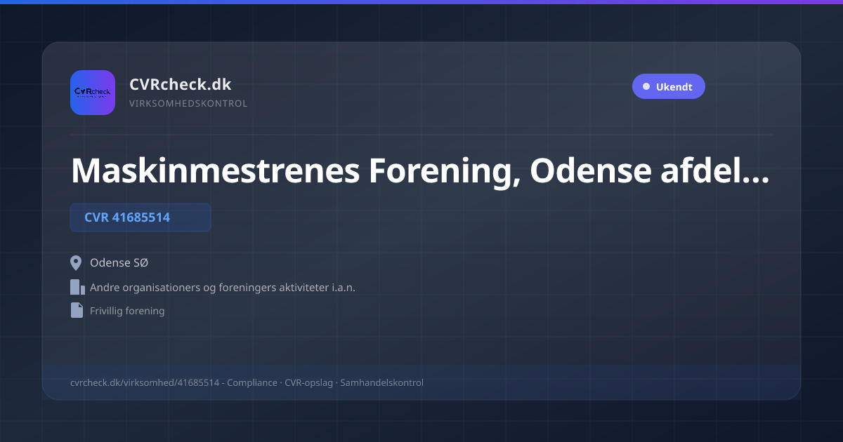 Visitkort: Maskinmestrenes Forening, Odense afdelingen, CVR 41685514, Andre organisationers og foreningers aktiviteter i.a.n., Odense SØ