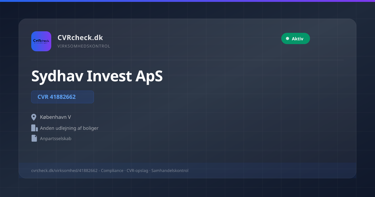 Visitkort: Sydhav Invest ApS, CVR 41882662, Anden udlejning af boliger, København V, NORMAL