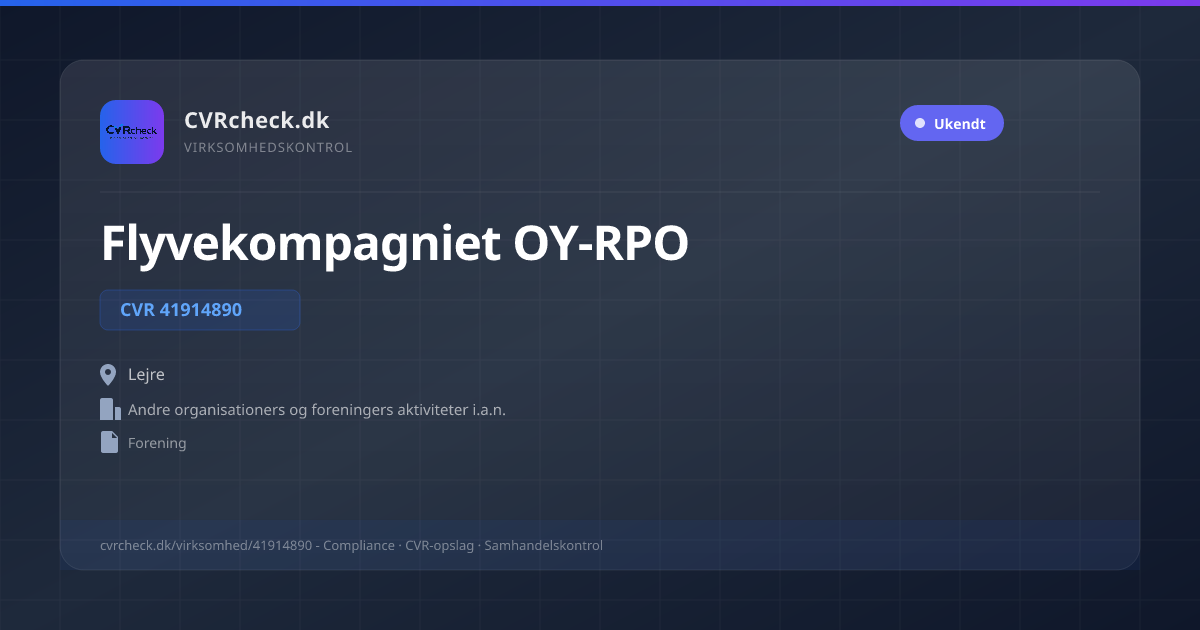 Visitkort: Flyvekompagniet OY-RPO, CVR 41914890, Andre organisationers og foreningers aktiviteter i.a.n., Lejre