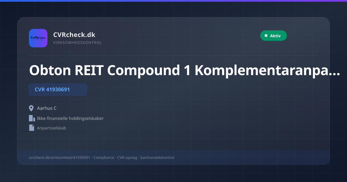 Visitkort: Obton REIT Compound 1 Komplementaranpartsselskab, CVR 41930691, Ikke-finansielle holdingselskaber, Aarhus C, NORMAL