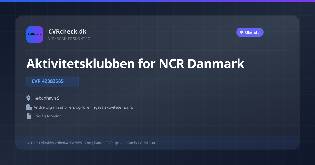 Visitkort: Aktivitetsklubben for NCR Danmark, CVR 42083585, Andre organisationers og foreningers aktiviteter i.a.n., København S