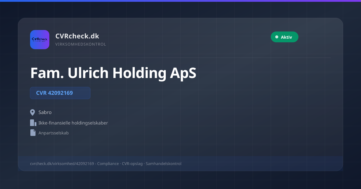 Visitkort: Fam. Ulrich Holding ApS, CVR 42092169, Ikke-finansielle holdingselskaber, Sabro, NORMAL