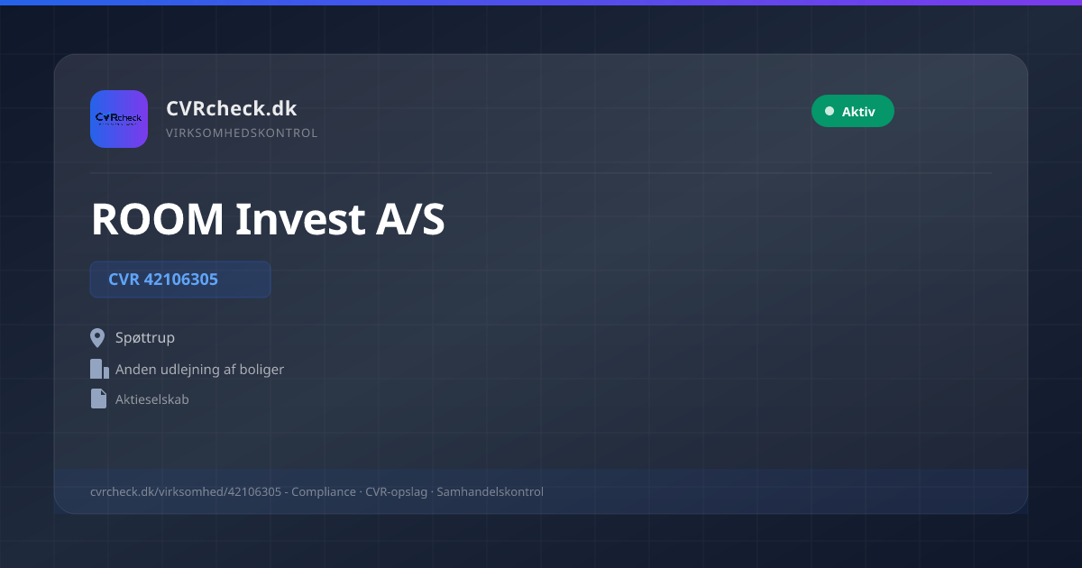 Visitkort: ROOM Invest A/S, CVR 42106305, Anden udlejning af boliger, Spøttrup, NORMAL