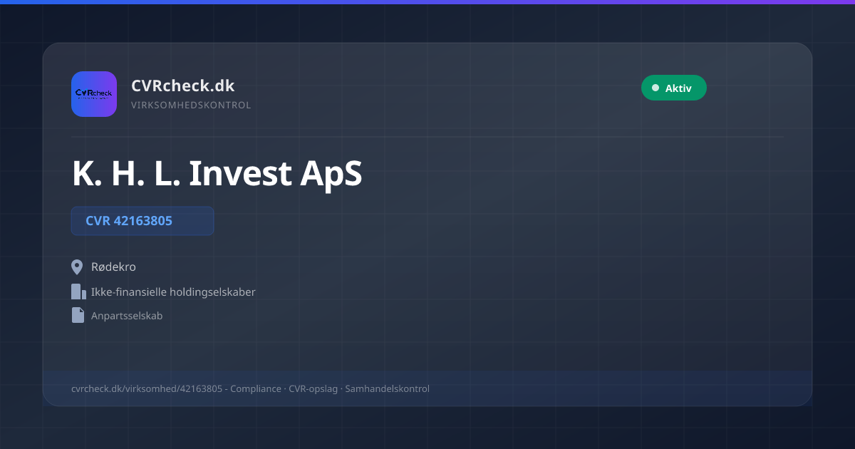 Visitkort: K. H. L. Invest ApS, CVR 42163805, Ikke-finansielle holdingselskaber, Rødekro, NORMAL