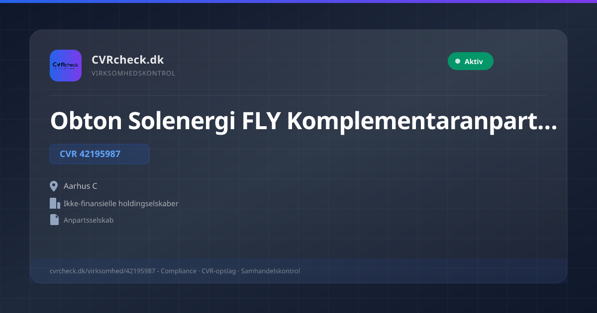 Visitkort: Obton Solenergi FLY Komplementaranpartsselskab, CVR 42195987, Ikke-finansielle holdingselskaber, Aarhus C, NORMAL