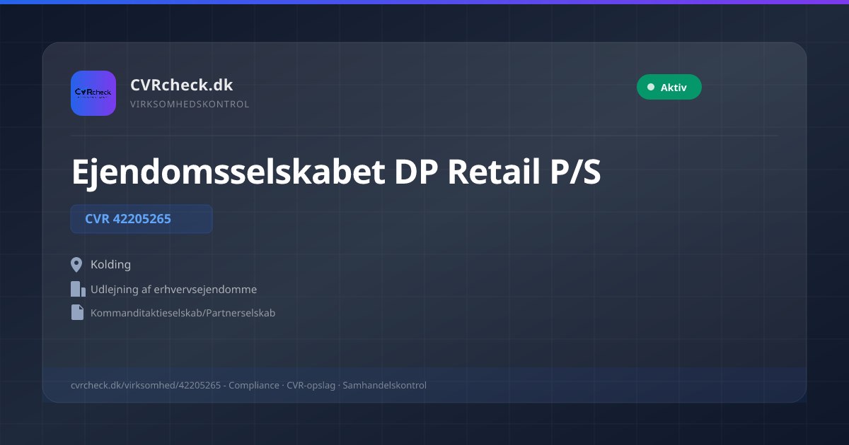 Visitkort: Ejendomsselskabet DP Retail P/S, CVR 42205265, Udlejning af erhvervsejendomme, Kolding, NORMAL