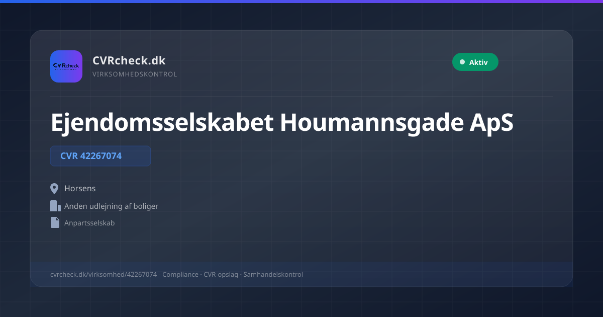 Visitkort: Ejendomsselskabet Houmannsgade ApS, CVR 42267074, Anden udlejning af boliger, Horsens, NORMAL