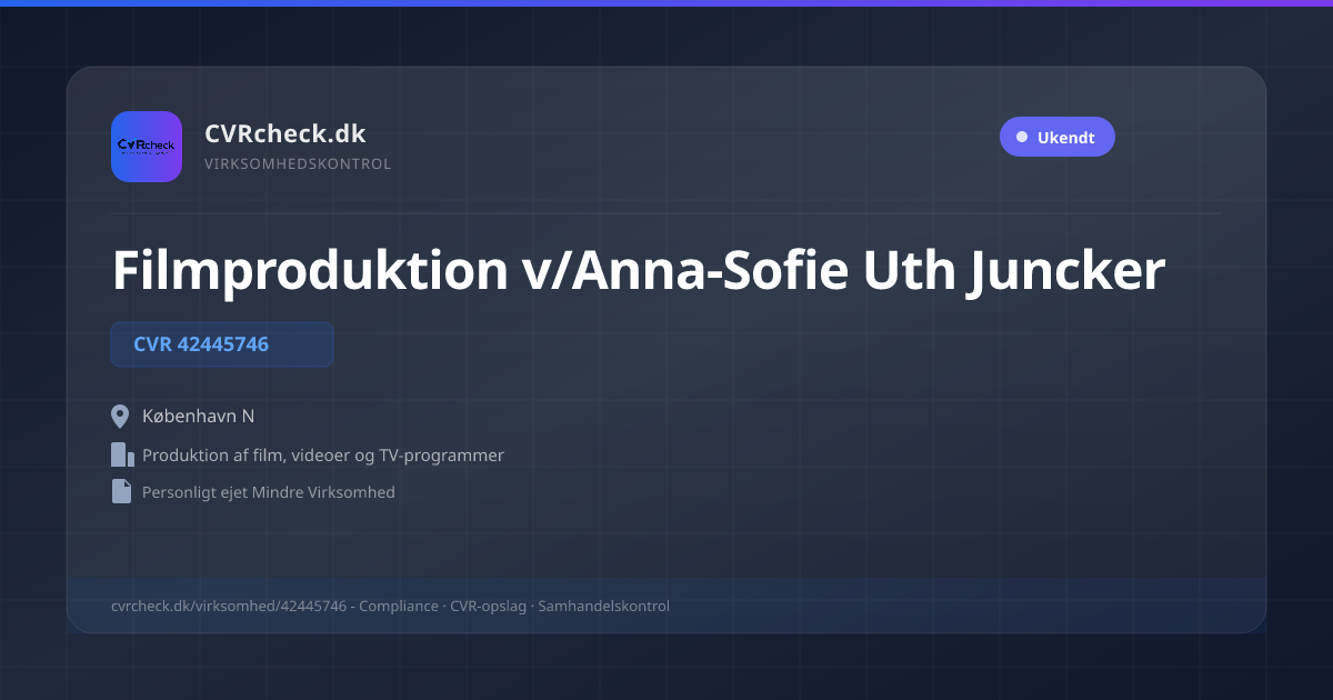 Visitkort: Filmproduktion v/Anna-Sofie Uth Juncker, CVR 42445746, Produktion af film, videoer og TV-programmer, København N
