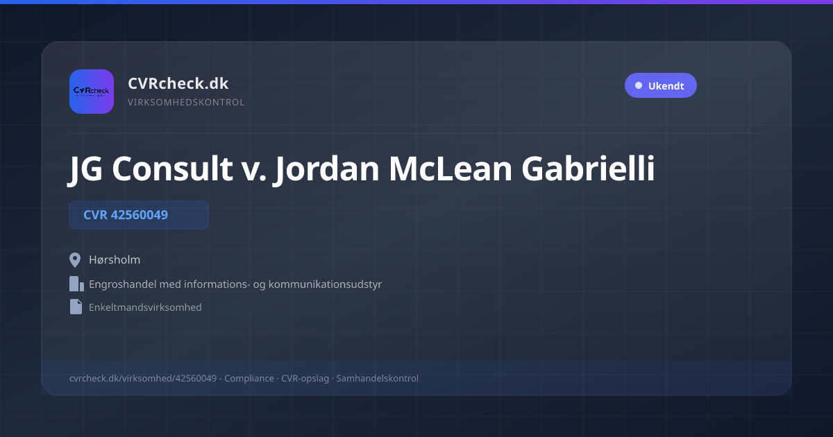 Visitkort: JG Consult v. Jordan McLean Gabrielli, CVR 42560049, Engroshandel med informations- og kommunikationsudstyr, Hørsholm
