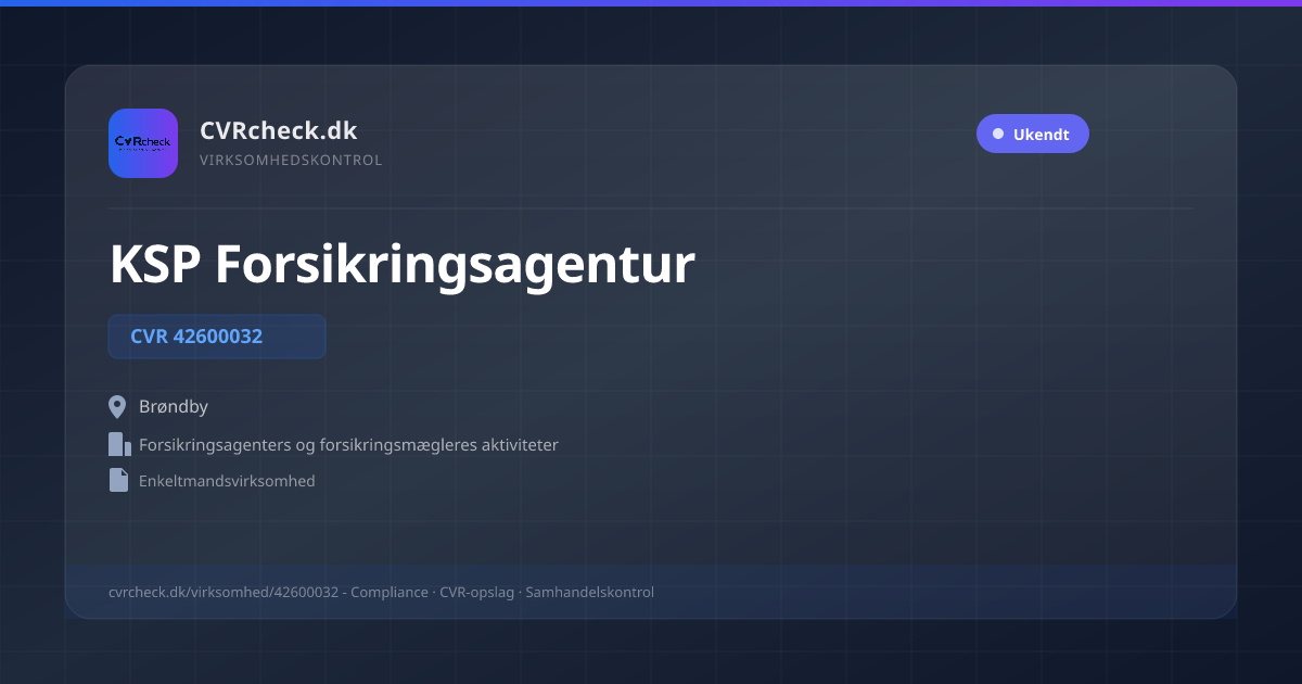 Visitkort: KSP Forsikringsagentur, CVR 42600032, Forsikringsagenters og forsikringsmægleres aktiviteter, Brøndby