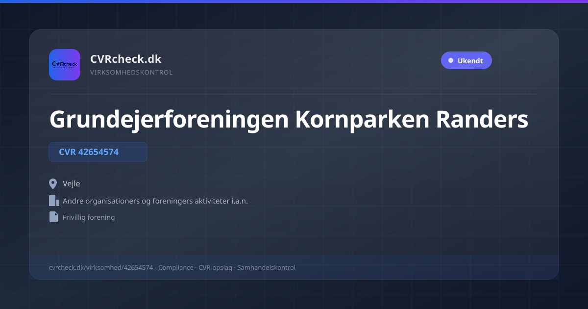 Visitkort: Grundejerforeningen Kornparken Randers, CVR 42654574, Andre organisationers og foreningers aktiviteter i.a.n., Vejle