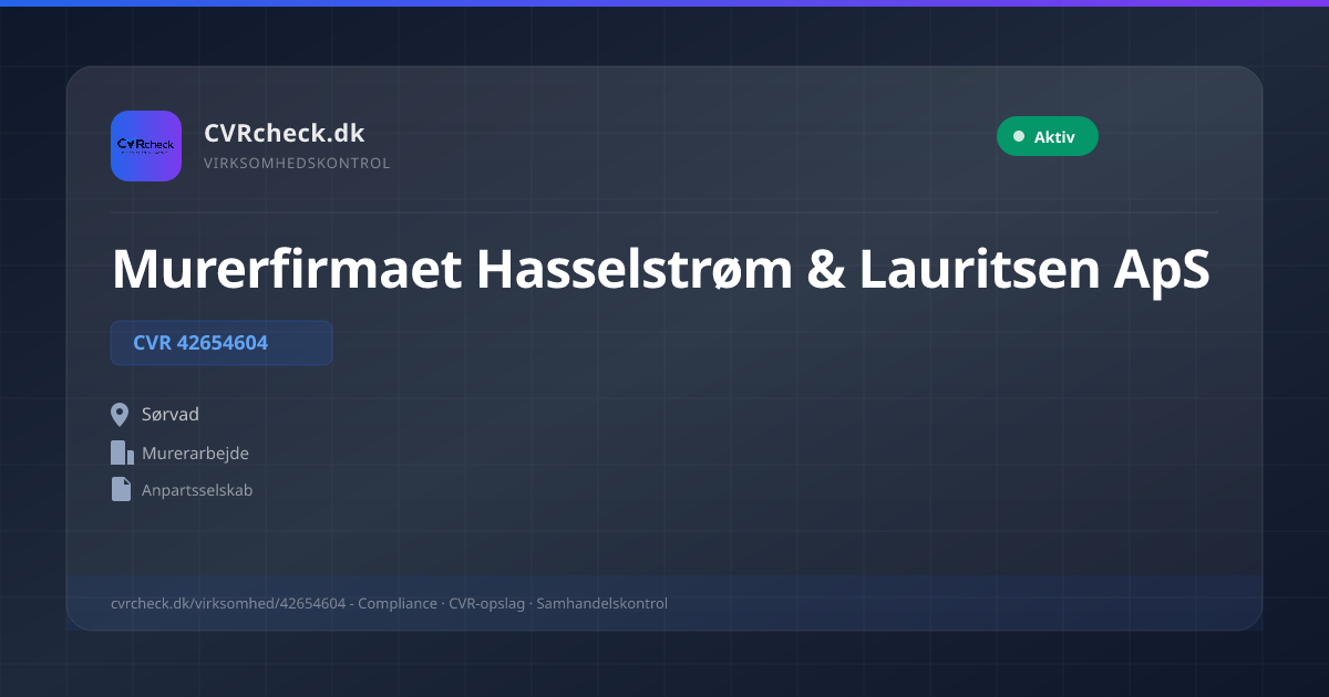 Visitkort: Murerfirmaet Hasselstrøm & Lauritsen ApS, CVR 42654604, Murerarbejde, Sørvad, NORMAL