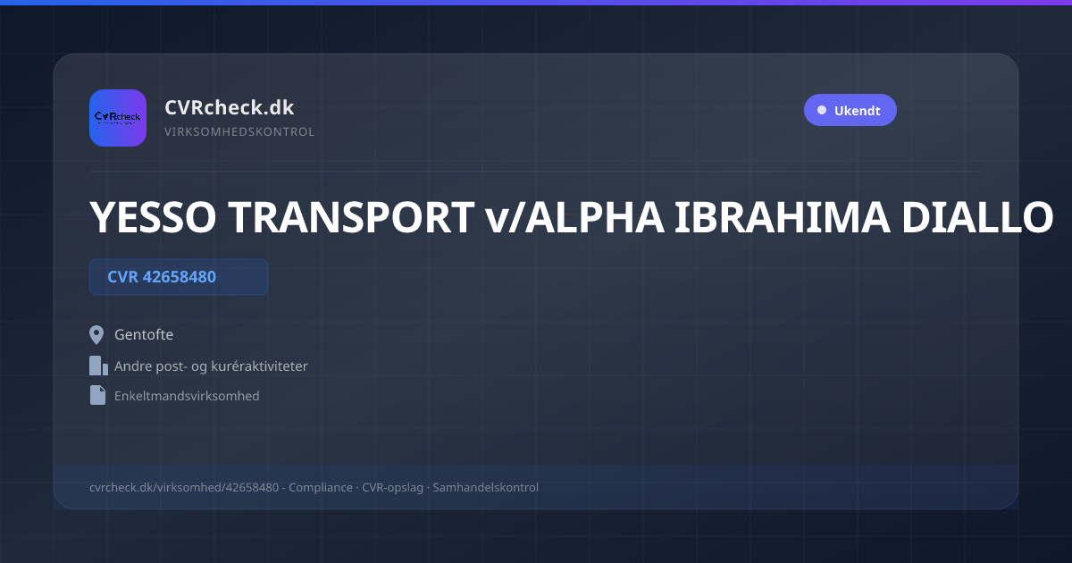 Visitkort: YESSO TRANSPORT v/ALPHA IBRAHIMA DIALLO, CVR 42658480, Andre post- og kuréraktiviteter, Gentofte