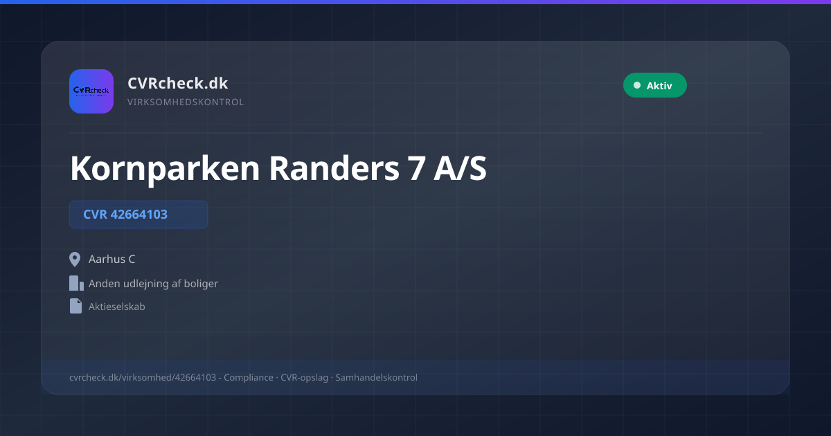 Visitkort: Kornparken Randers 7 A/S, CVR 42664103, Anden udlejning af boliger, Aarhus C, NORMAL