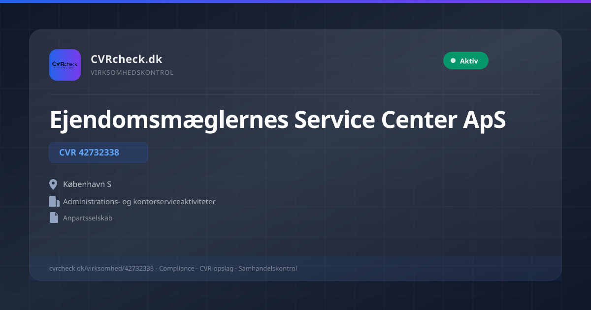 Visitkort: Ejendomsmæglernes Service Center ApS, CVR 42732338, Administrations- og kontorserviceaktiviteter, København S, NORMAL