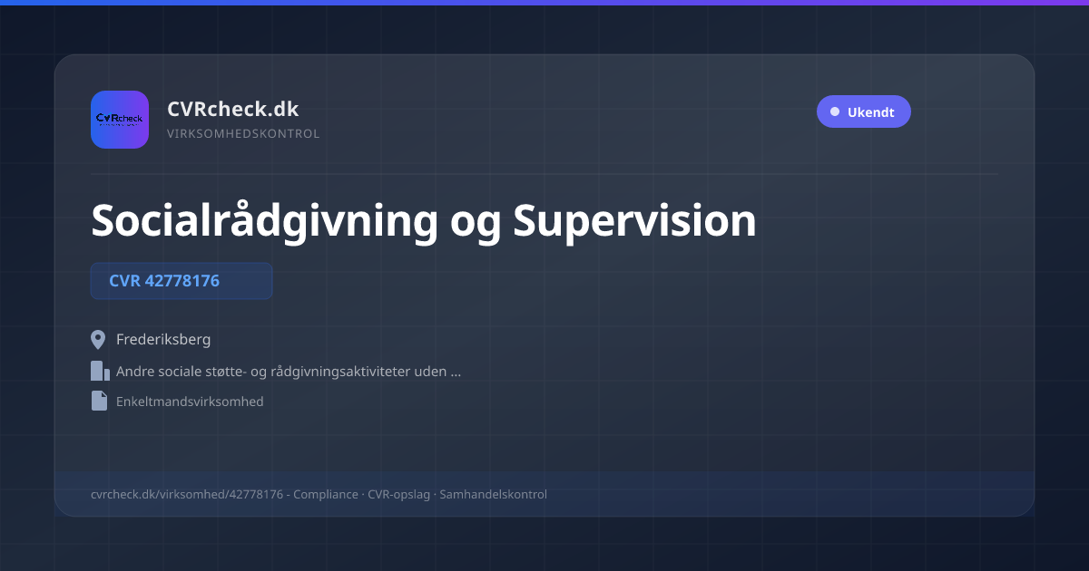 Visitkort: Socialrådgivning og Supervision, CVR 42778176, Andre sociale støtte- og rådgivningsaktiviteter uden institutionsophold, Frederiksberg