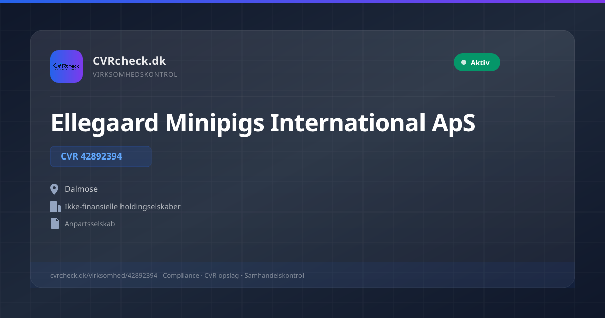 Visitkort: Ellegaard Minipigs International ApS, CVR 42892394, Ikke-finansielle holdingselskaber, Dalmose, NORMAL