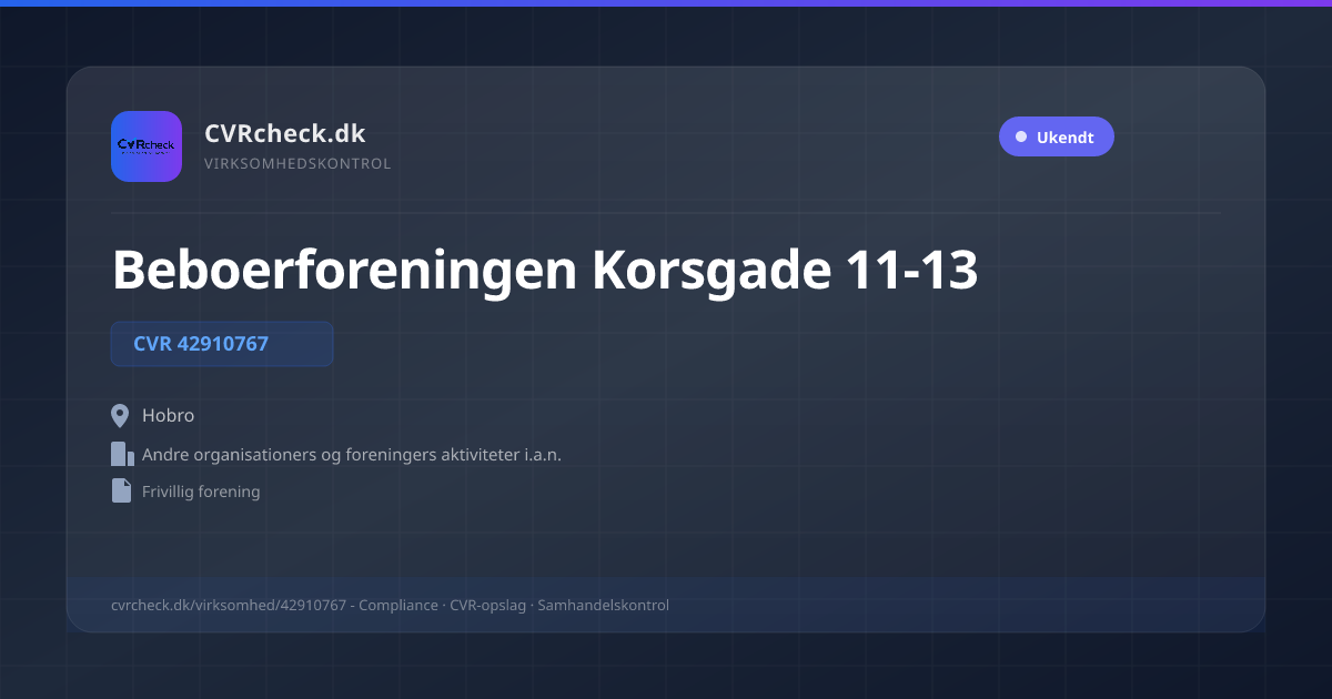 Visitkort: Beboerforeningen Korsgade 11-13, CVR 42910767, Andre organisationers og foreningers aktiviteter i.a.n., Hobro