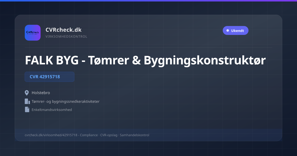 Visitkort: FALK BYG - Tømrer & Bygningskonstruktør, CVR 42915718, Tømrer- og bygningssnedkeraktiviteter, Holstebro