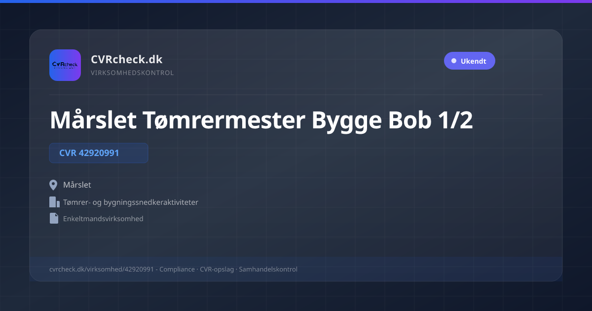 Visitkort: Mårslet Tømrermester Bygge Bob 1/2, CVR 42920991, Tømrer- og bygningssnedkeraktiviteter, Mårslet