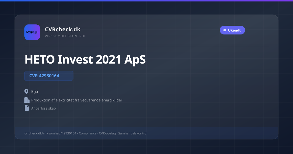 Visitkort: HETO Invest 2021 ApS, CVR 42930164, Produktion af elektricitet fra vedvarende energikilder, Egå