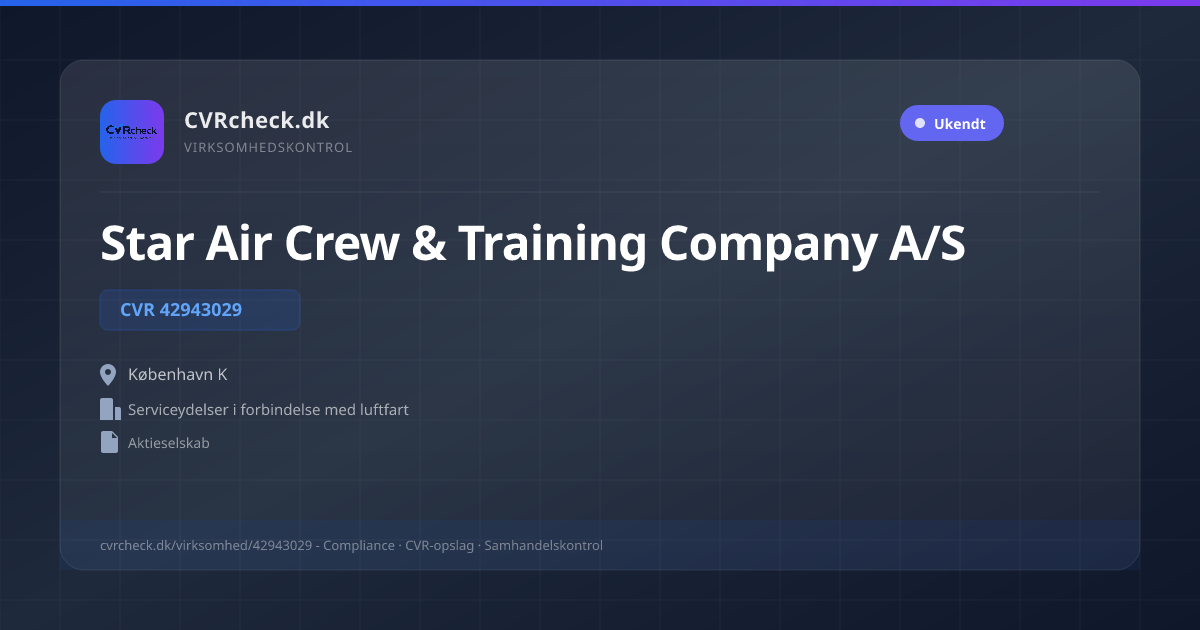 Visitkort: Star Air Crew & Training Company A/S, CVR 42943029, Serviceydelser i forbindelse med luftfart, København K