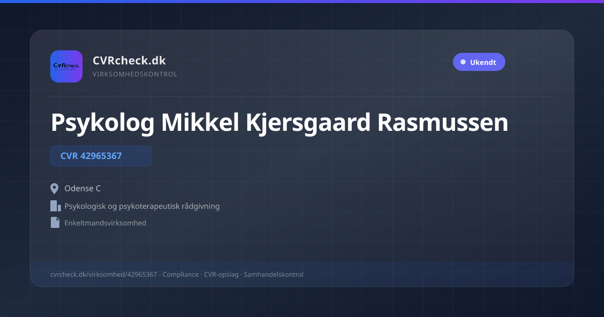 Visitkort: Psykolog Mikkel Kjersgaard Rasmussen, CVR 42965367, Psykologisk og psykoterapeutisk rådgivning, Odense C