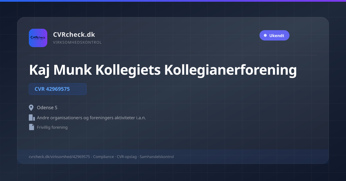 Visitkort: Kaj Munk Kollegiets Kollegianerforening, CVR 42969575, Andre organisationers og foreningers aktiviteter i.a.n., Odense S