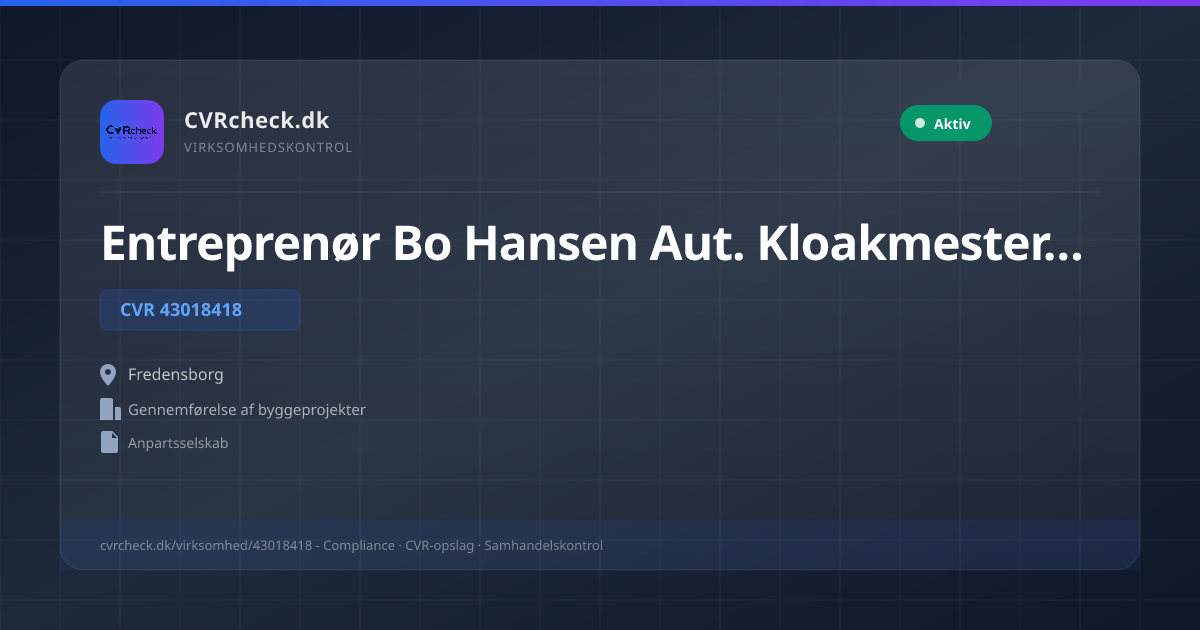 Visitkort: Entreprenør Bo Hansen Aut. Kloakmester ApS, CVR 43018418, Gennemførelse af byggeprojekter, Fredensborg, NORMAL