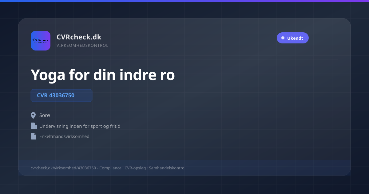 Visitkort: Yoga for din indre ro, CVR 43036750, Undervisning inden for sport og fritid, Sorø