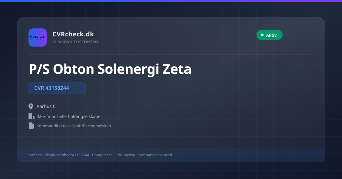 Visitkort: P/S Obton Solenergi Zeta, CVR 43158244, Ikke-finansielle holdingselskaber, Aarhus C, NORMAL